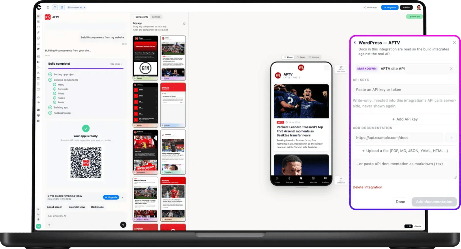 Choicely Studio connected to the AFTV WordPress site API, building native app components
