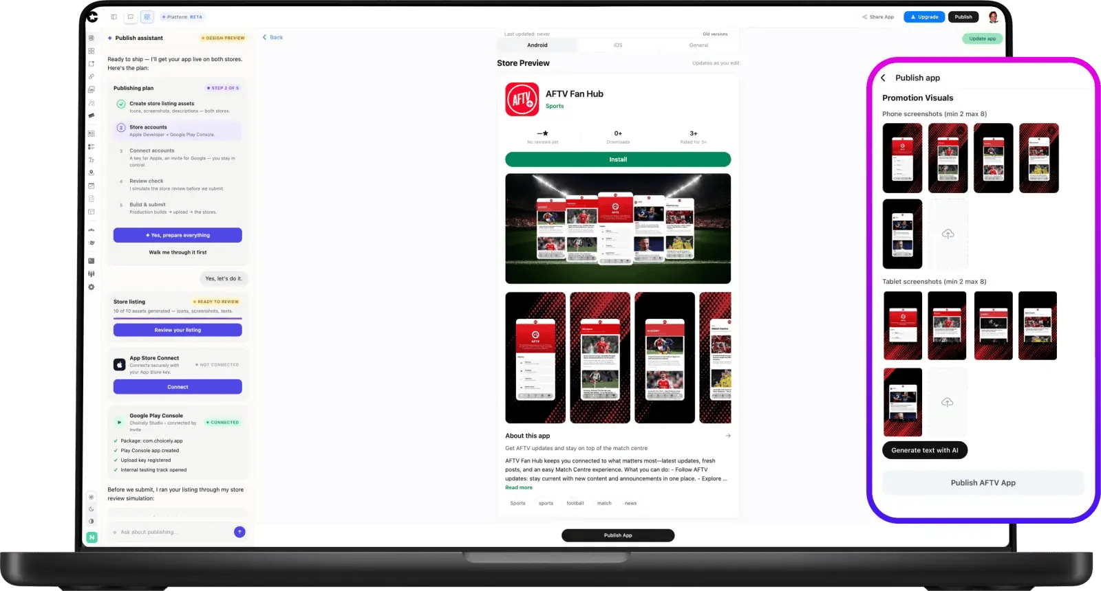 Choicely Publish Assistant preparing the AFTV Fan Hub store listing with promotion visuals