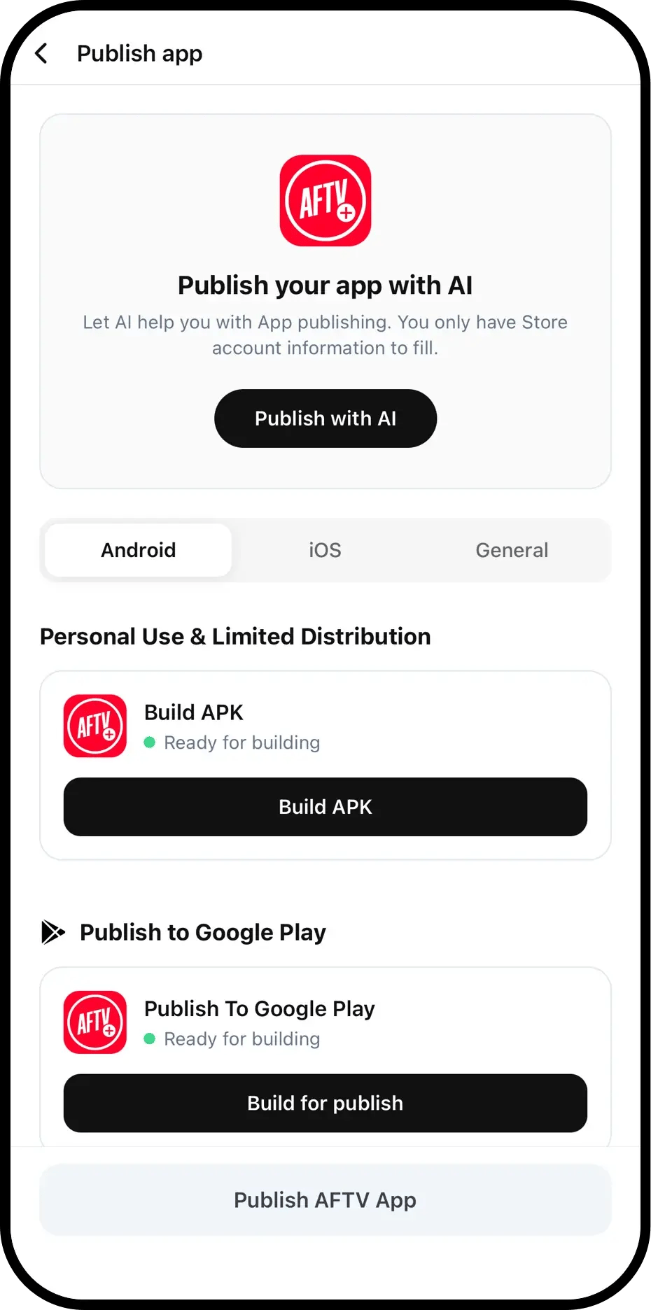 Choicely Publish Assistant publishing the AFTV+ app to the App Store and Google Play