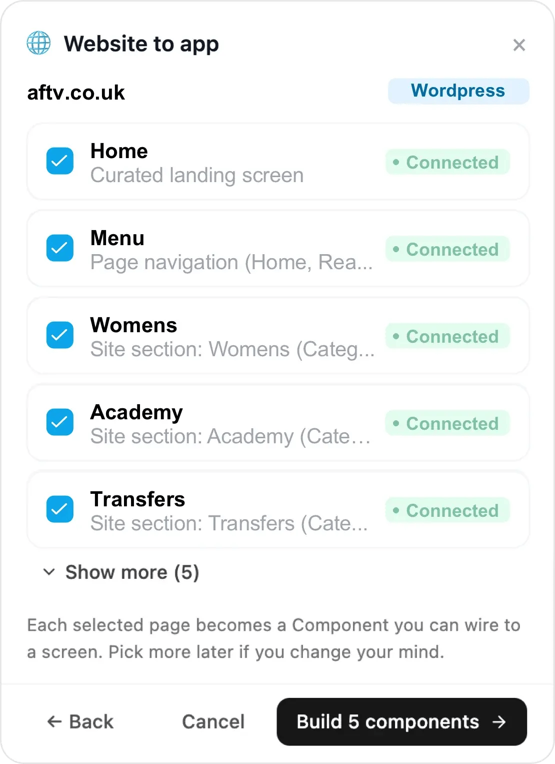 Choicely Website to app dialog examining aftv.co.uk — WordPress site sections found and connected