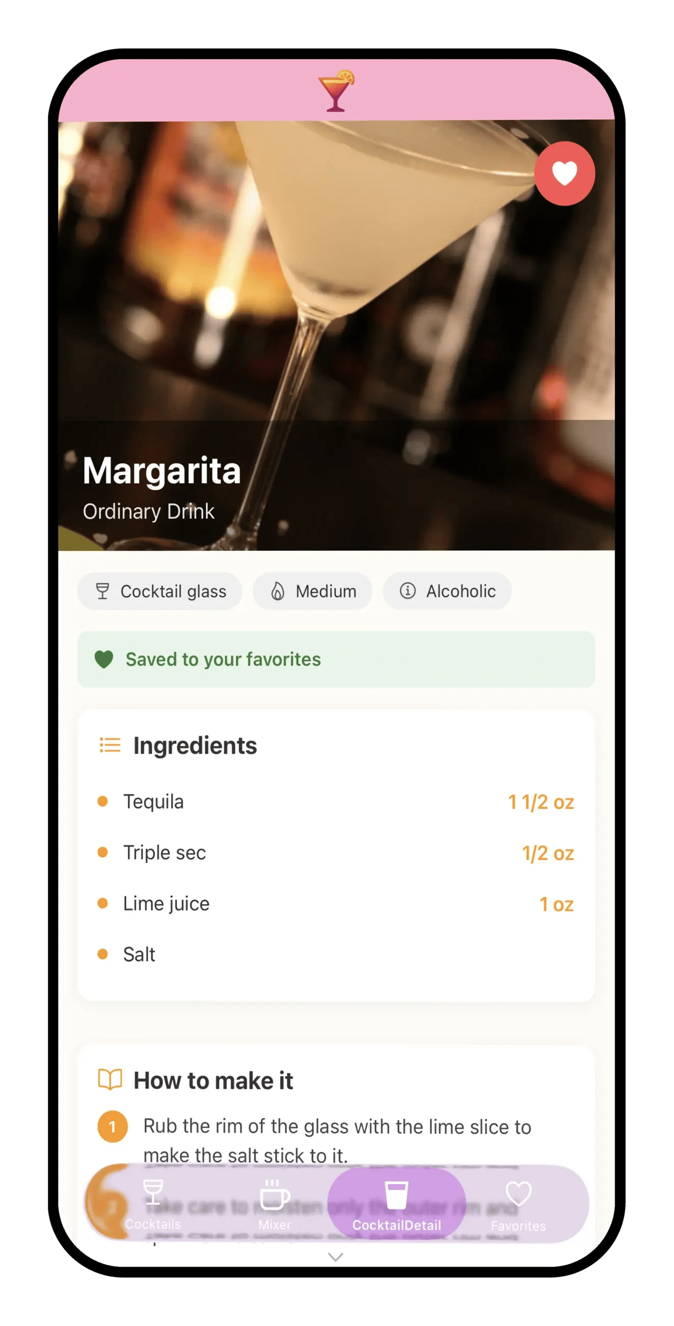 A real native iOS and Android app screen — a cocktail recipe