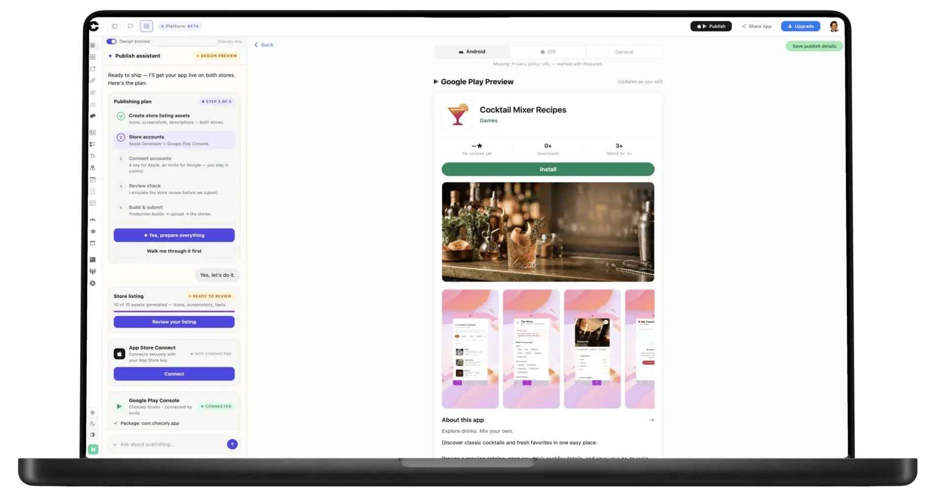 The Publish Assistant pre-checking the app and generating store listings