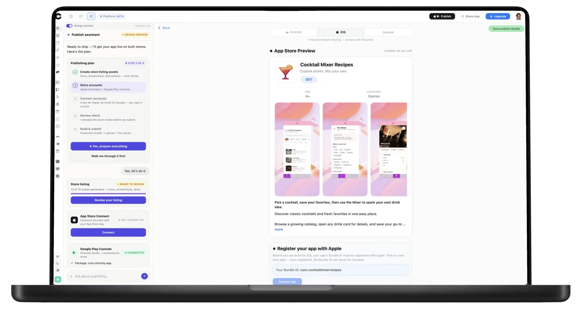 The Publish Assistant submitting to the App Store and Google Play
