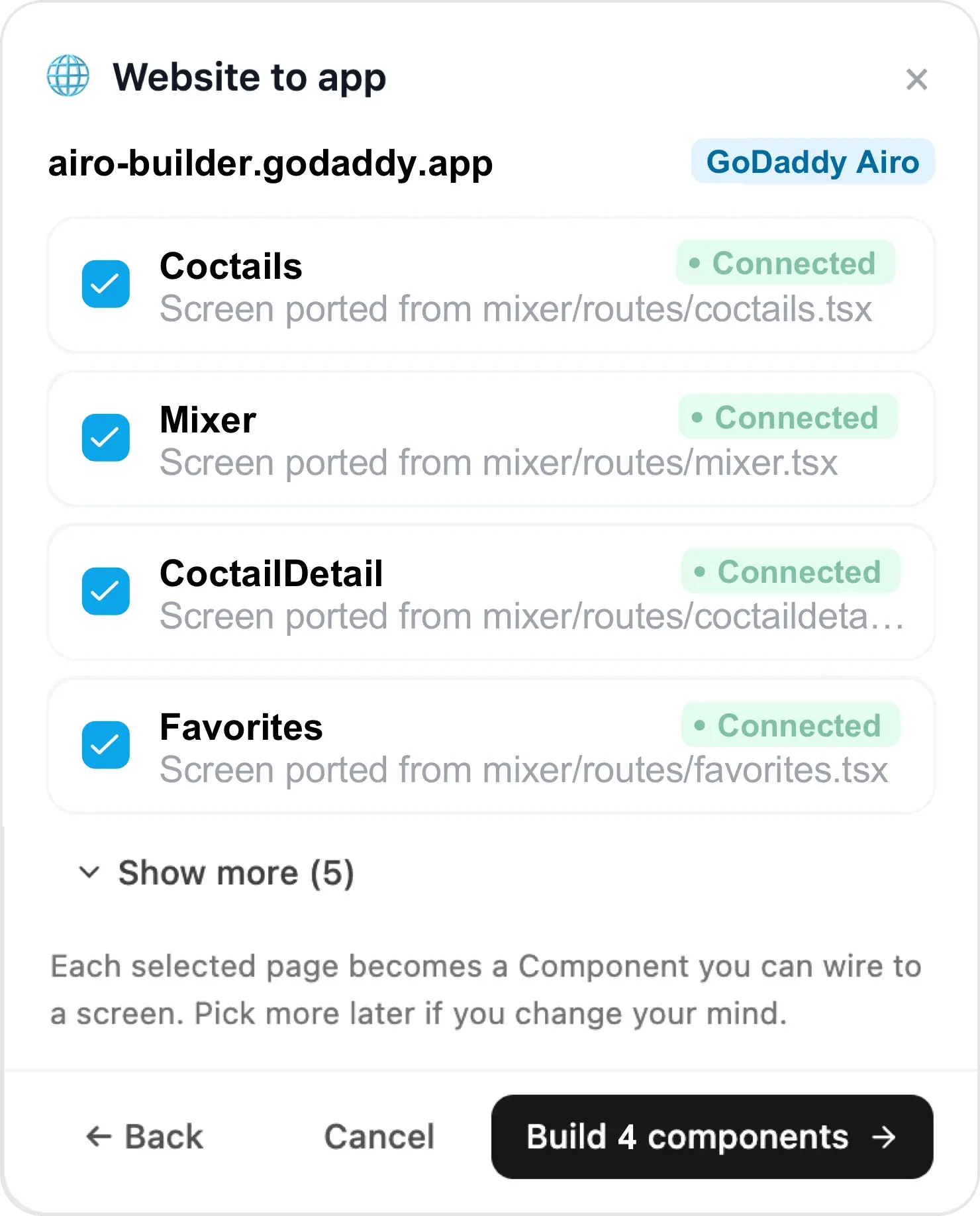 Choicely importing a GoDaddy Airo project — each page ported from the source code becomes a native component