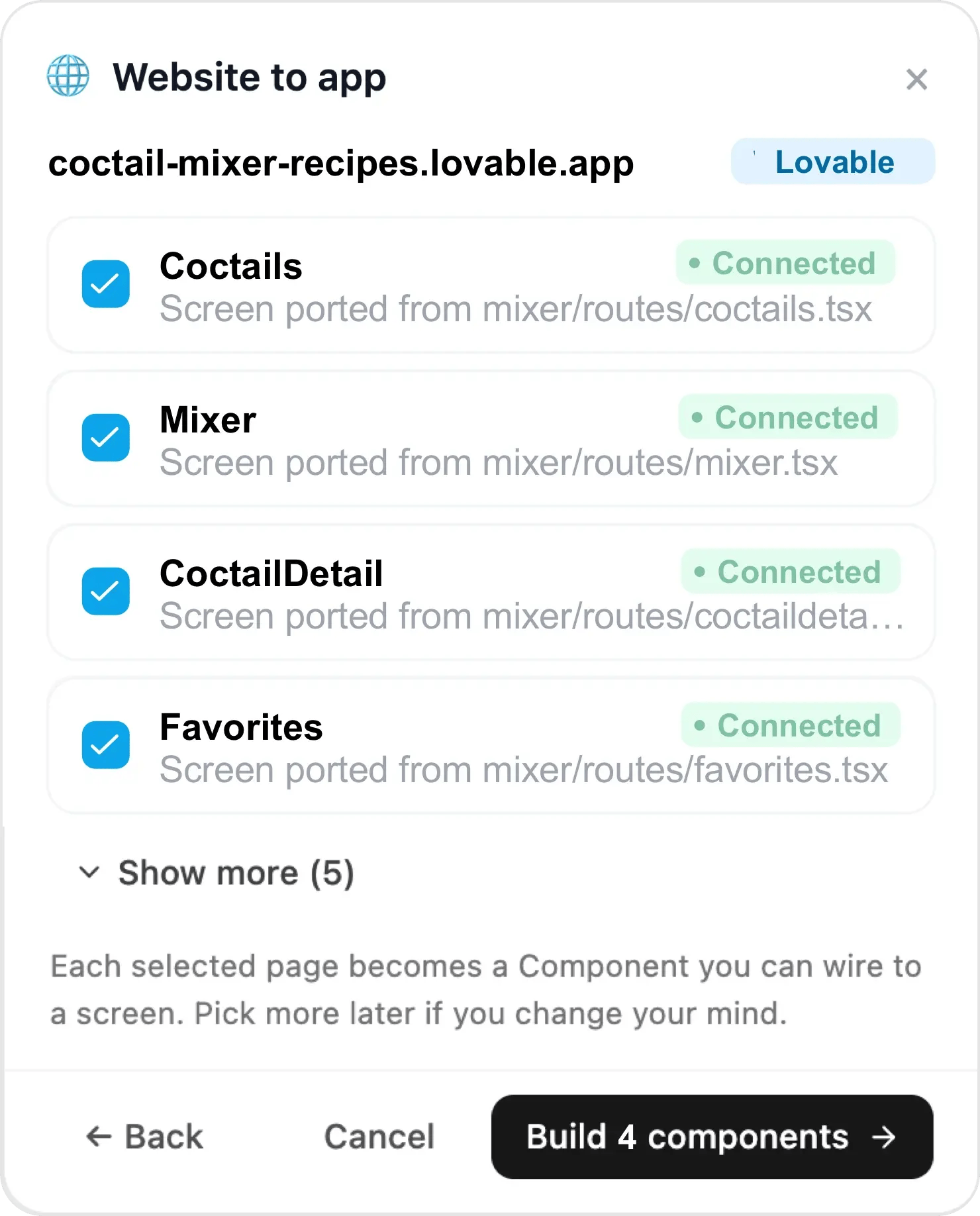 Choicely importing a Lovable project — screens ported from the project's source files, each page becoming a native component