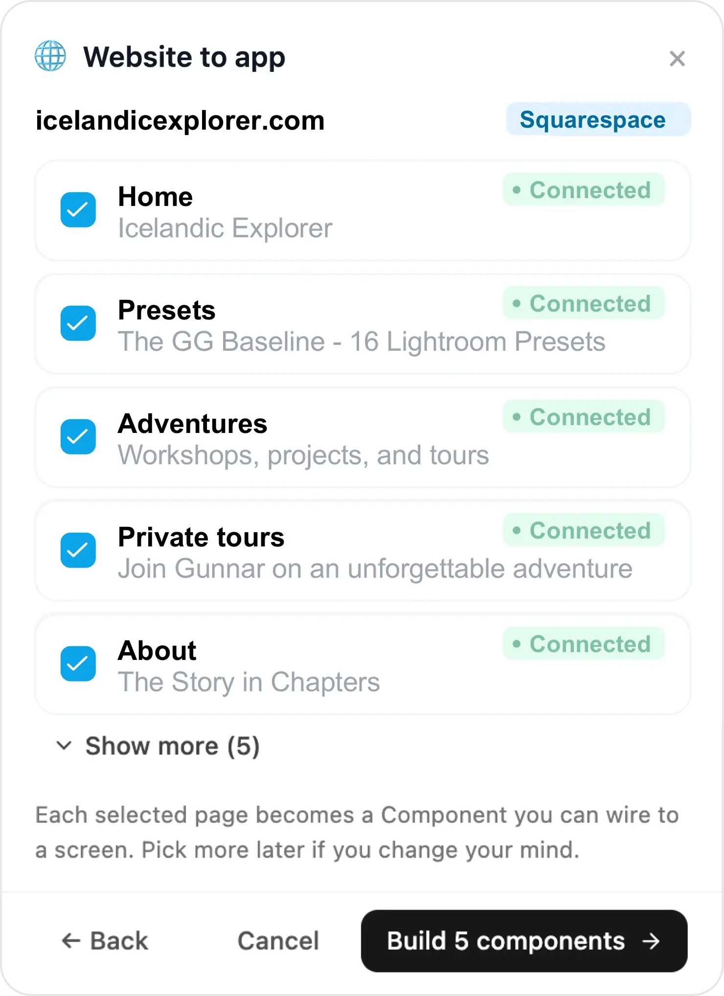 Choicely reading a Squarespace site — icelandicexplorer.com — and turning its pages into native app components