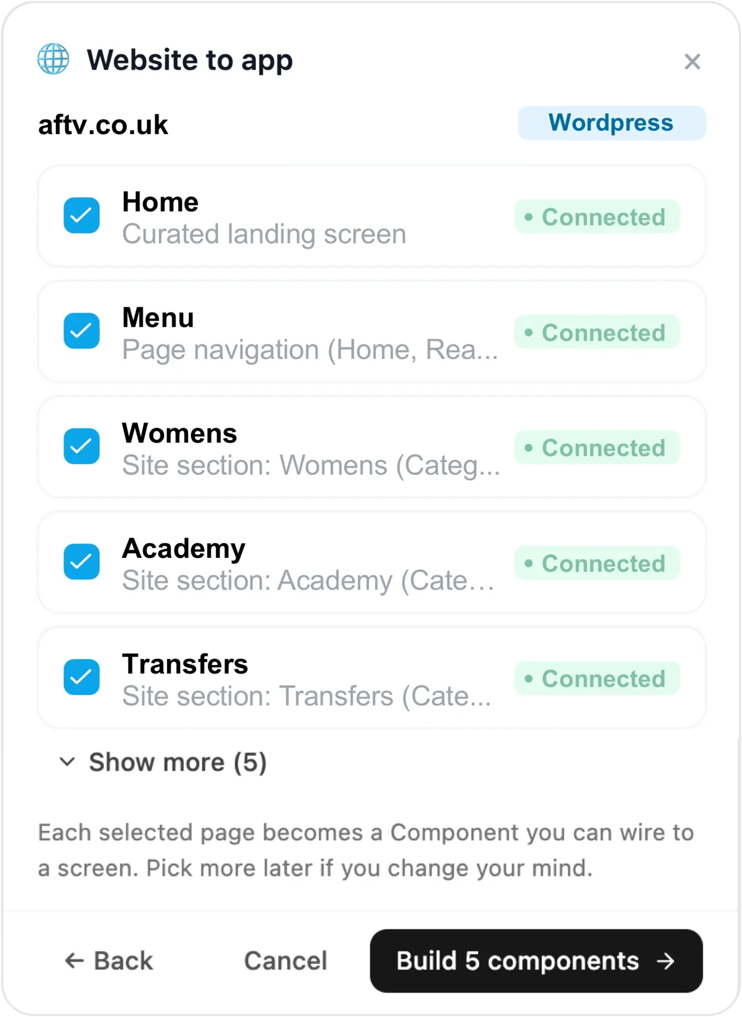 Seleccionar cuidadosamente una página web real —aftv.co.uk— y convertir cada página seleccionada en un componente de aplicación nativa