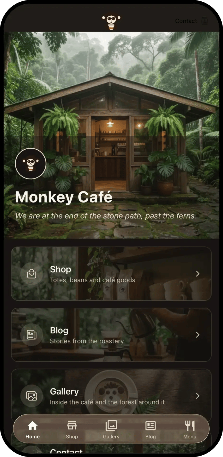 Native app home screen built automatically from monkeycafe.app content