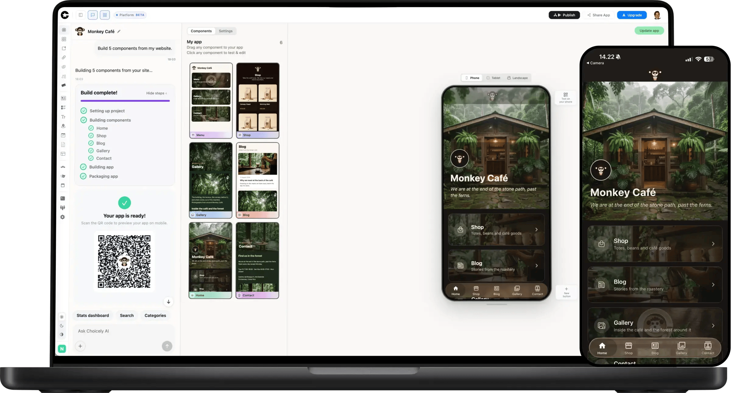 Choicely Studio after building the Monkey Café app from its Squarespace site — components, phone preview and QR