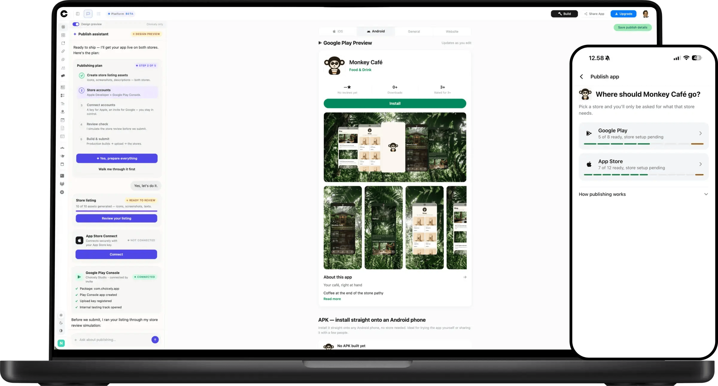 Choicely Publish Assistant preparing the Monkey Café app store listing