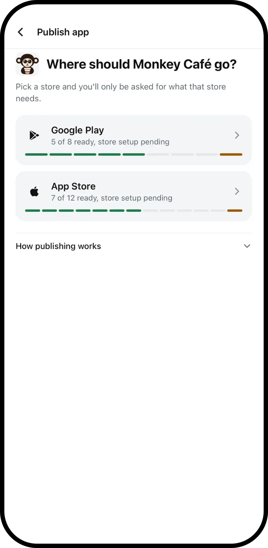 Choicely Publish Assistant publishing the Monkey Café app to Google Play and the App Store