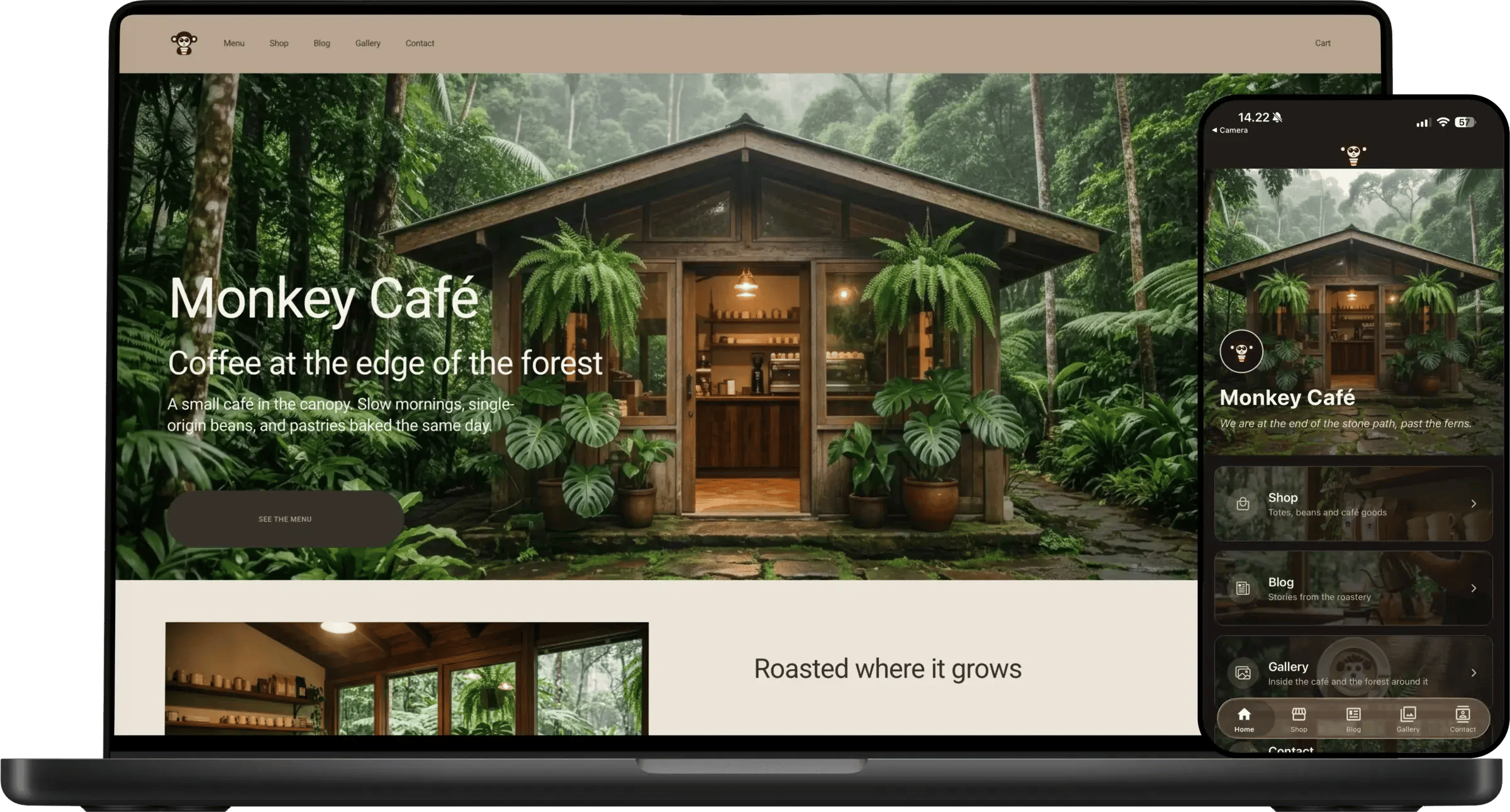 monkeycafe.app Squarespace website converted into a native mobile app with Choicely