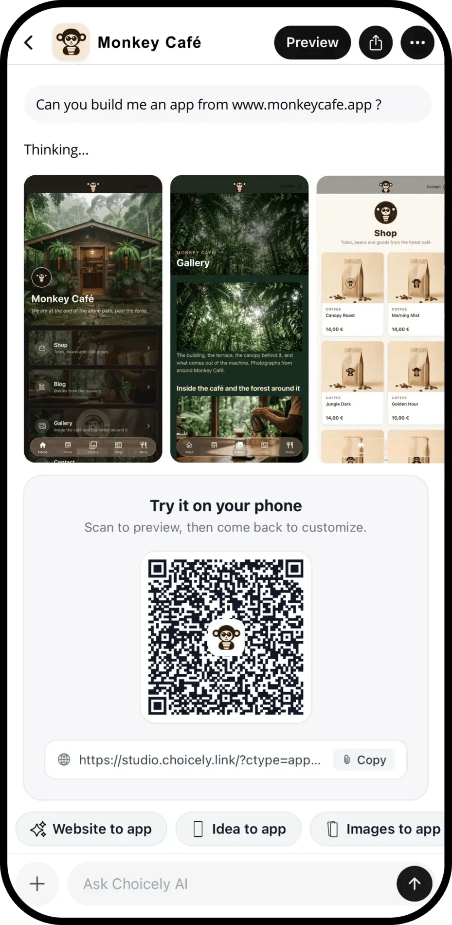 Choicely Studio on a phone — asked to build an app from www.monkeycafe.app, components building, QR preview ready