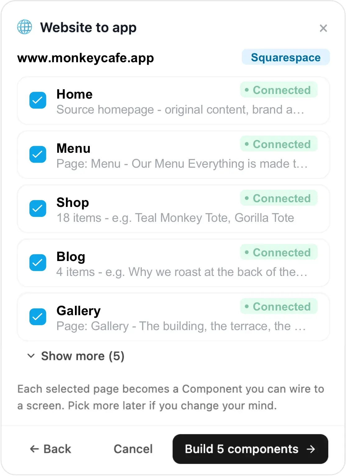 Choicely reading a Squarespace site — monkeycafe.app — and turning its pages into native app components