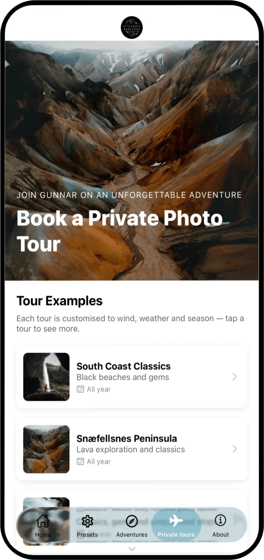 Native app screen built automatically from icelandicexplorer.com content