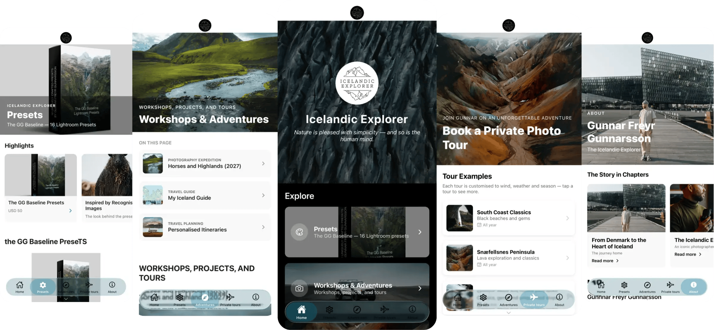Five native app screens built from the Icelandic Explorer Squarespace site — home, presets store, workshops, tours and about