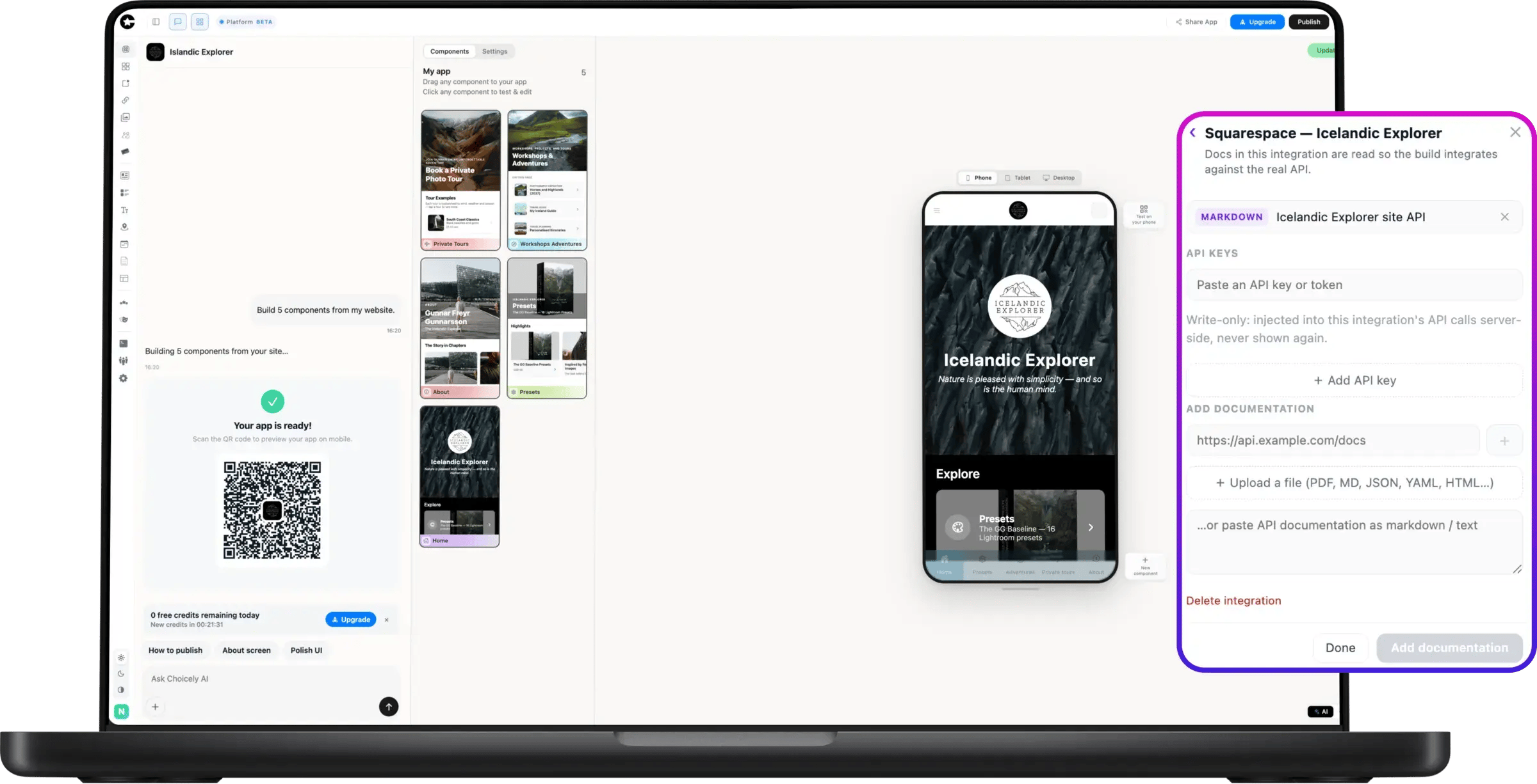 Choicely Studio with the Icelandic Explorer Squarespace integration, building native app components