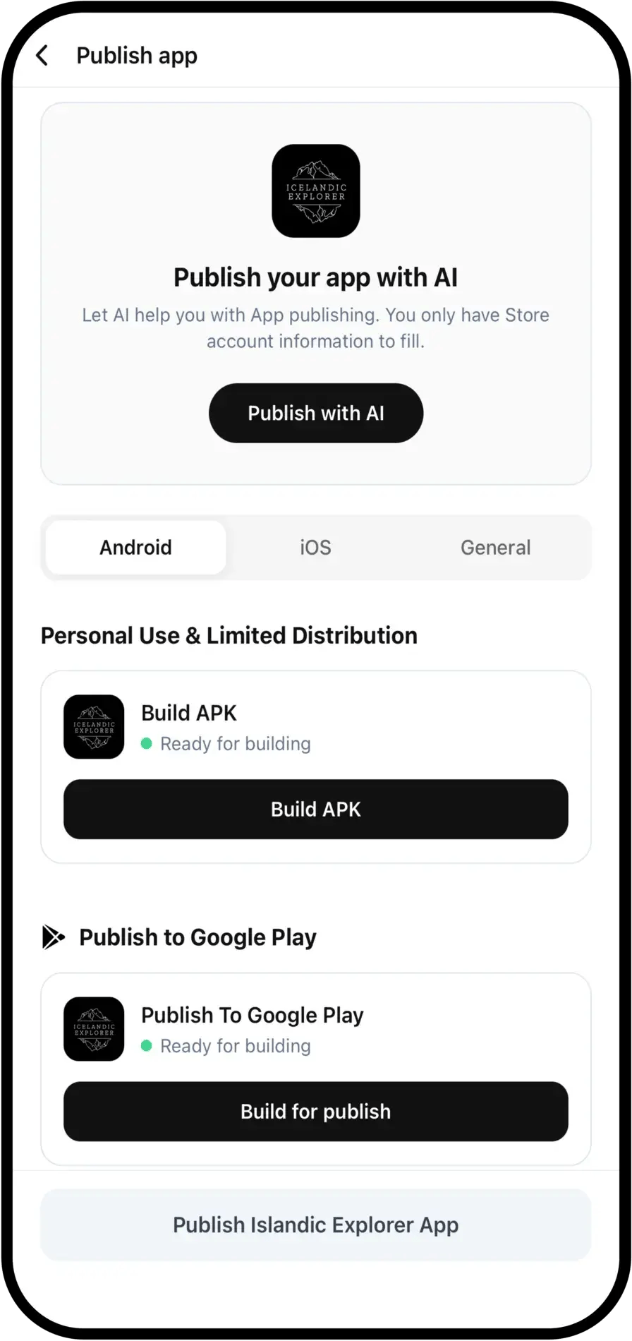Choicely Publish Assistant publishing the Icelandic Explorer app to the App Store and Google Play