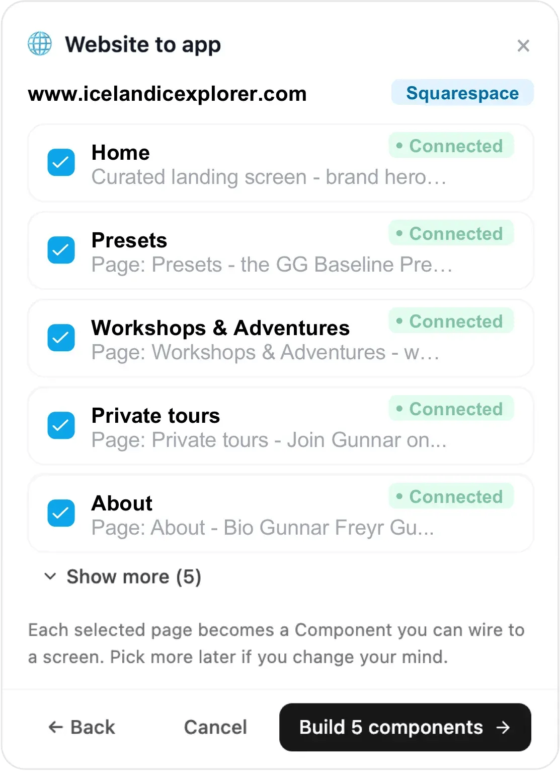 Choicely Website to app dialog reading www.icelandicexplorer.com — Squarespace pages found and connected