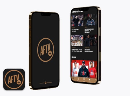 Two phones with Arsenal Fan TV screens on them
