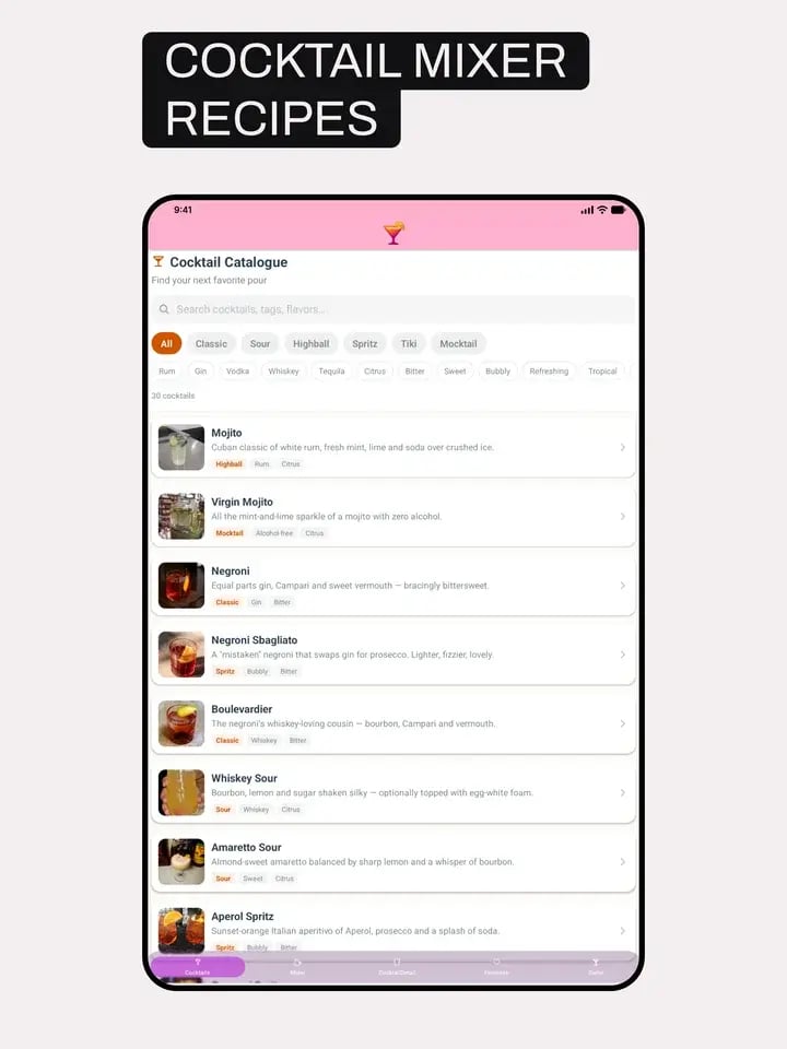 Generated iPad App Store screenshot, cocktail recipe app