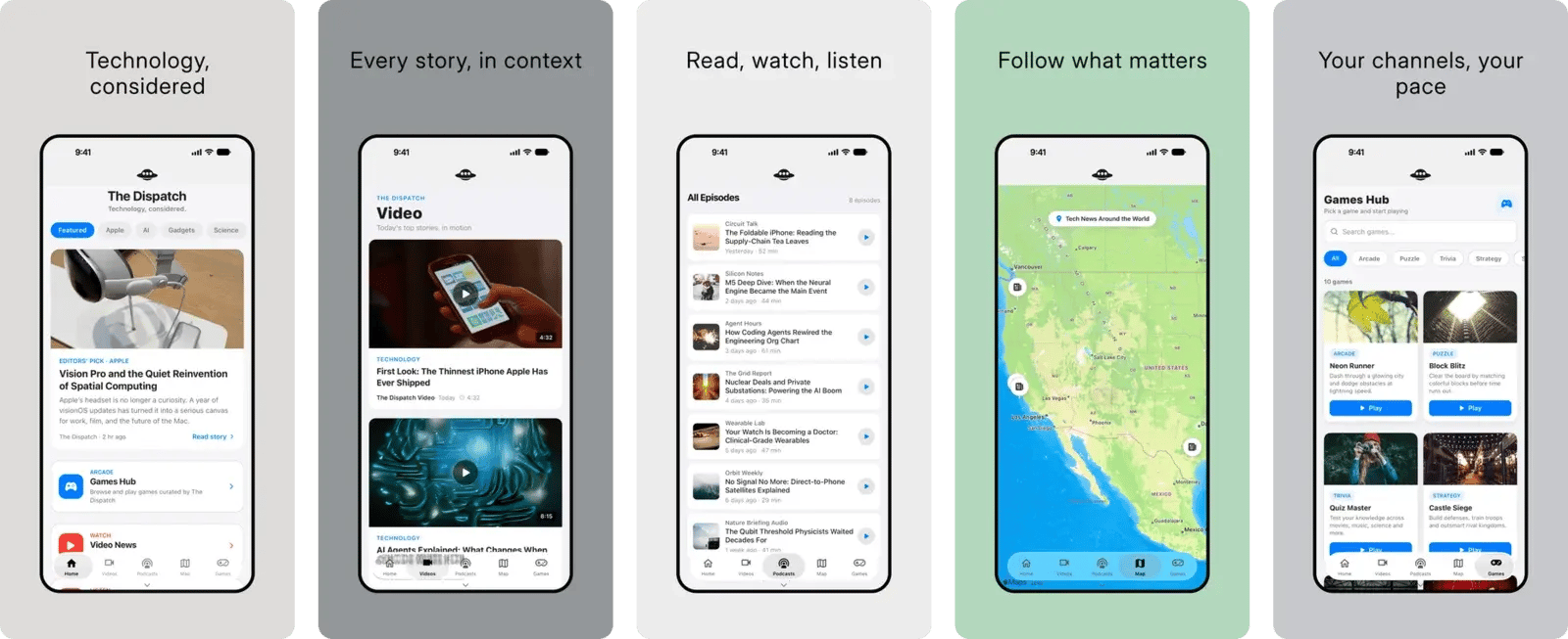 Editorial template — five generated App Store screenshots for a news app