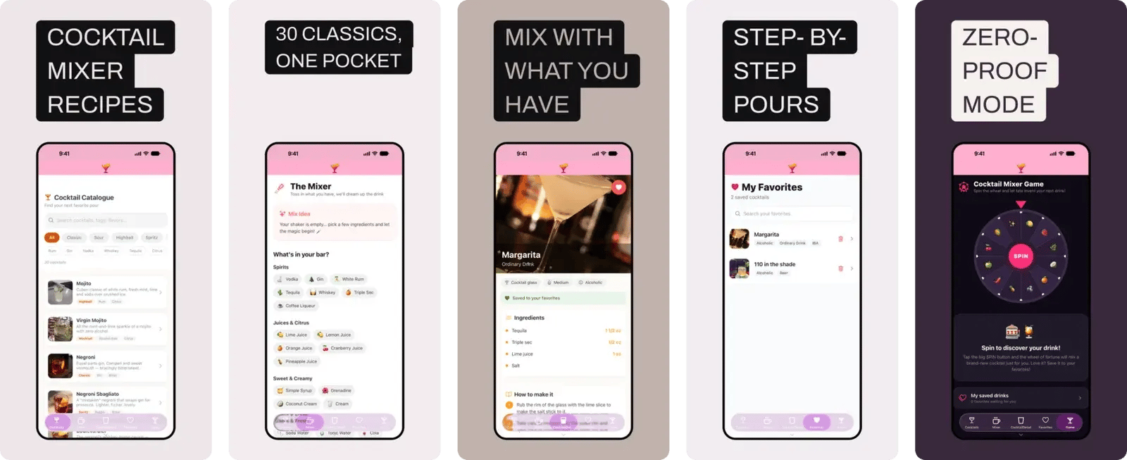 Statement template — five generated App Store screenshots for a cocktail recipe app