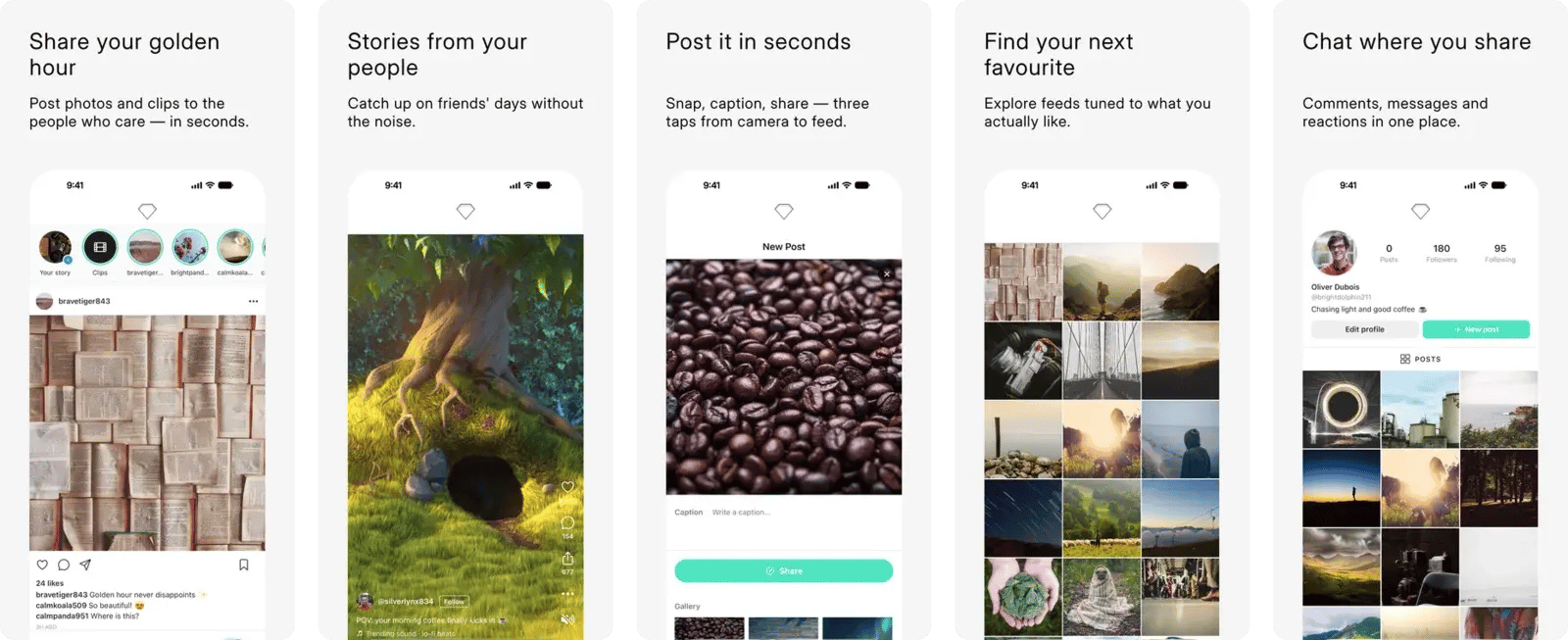 Social template — five generated App Store screenshots for a community app