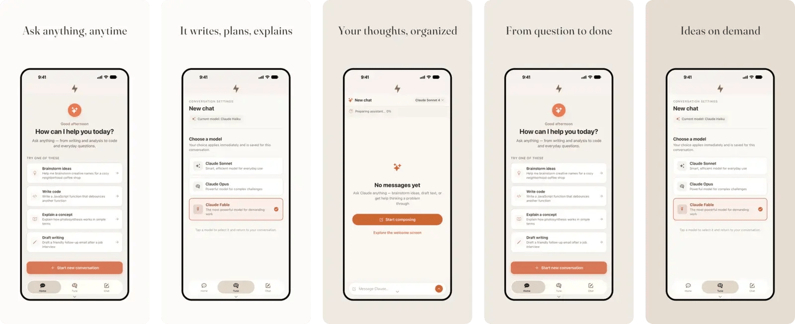 Serif template — five generated App Store screenshots for a AI chat app