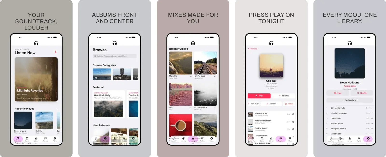 Stage template — five generated App Store screenshots for a music artist app