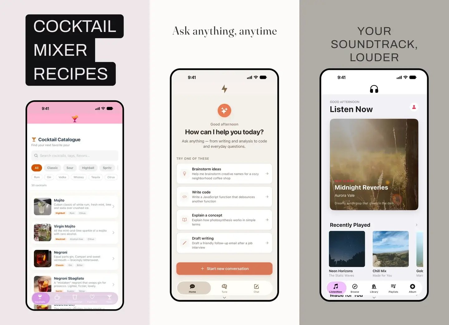 Three generated App Store screenshots in different template styles