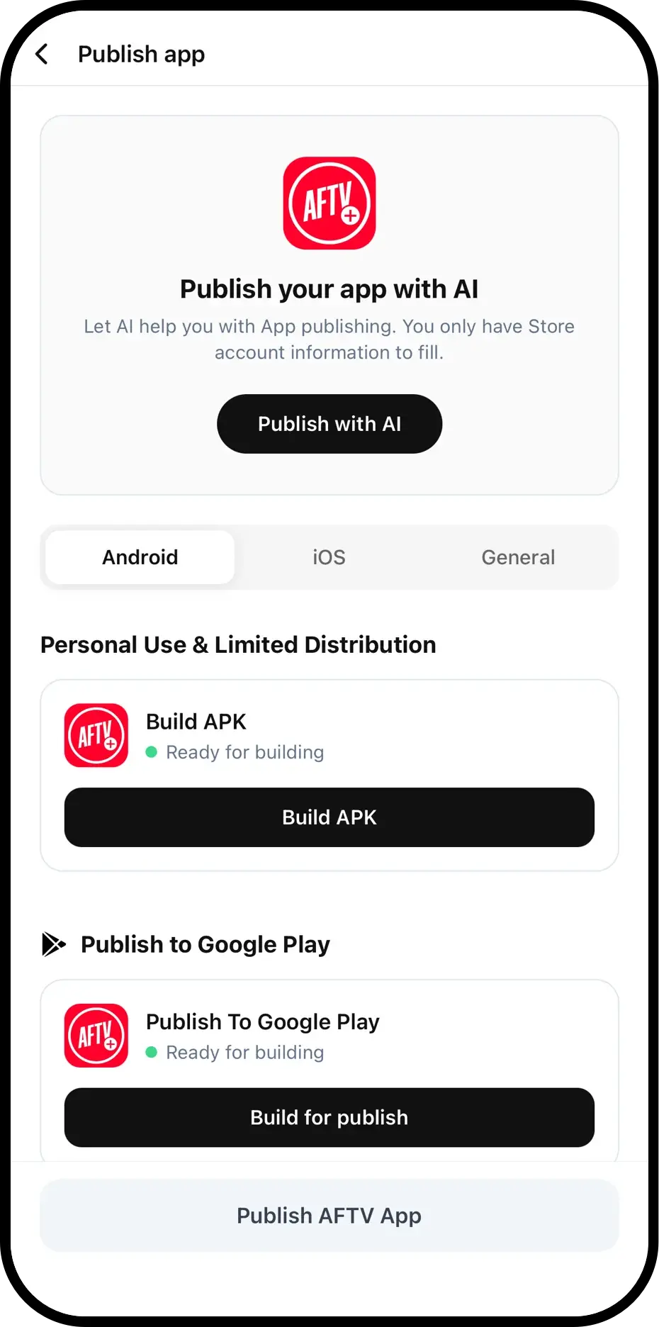 Choicely Publish Assistant publishing the AFTV+ app to the App Store and Google Play