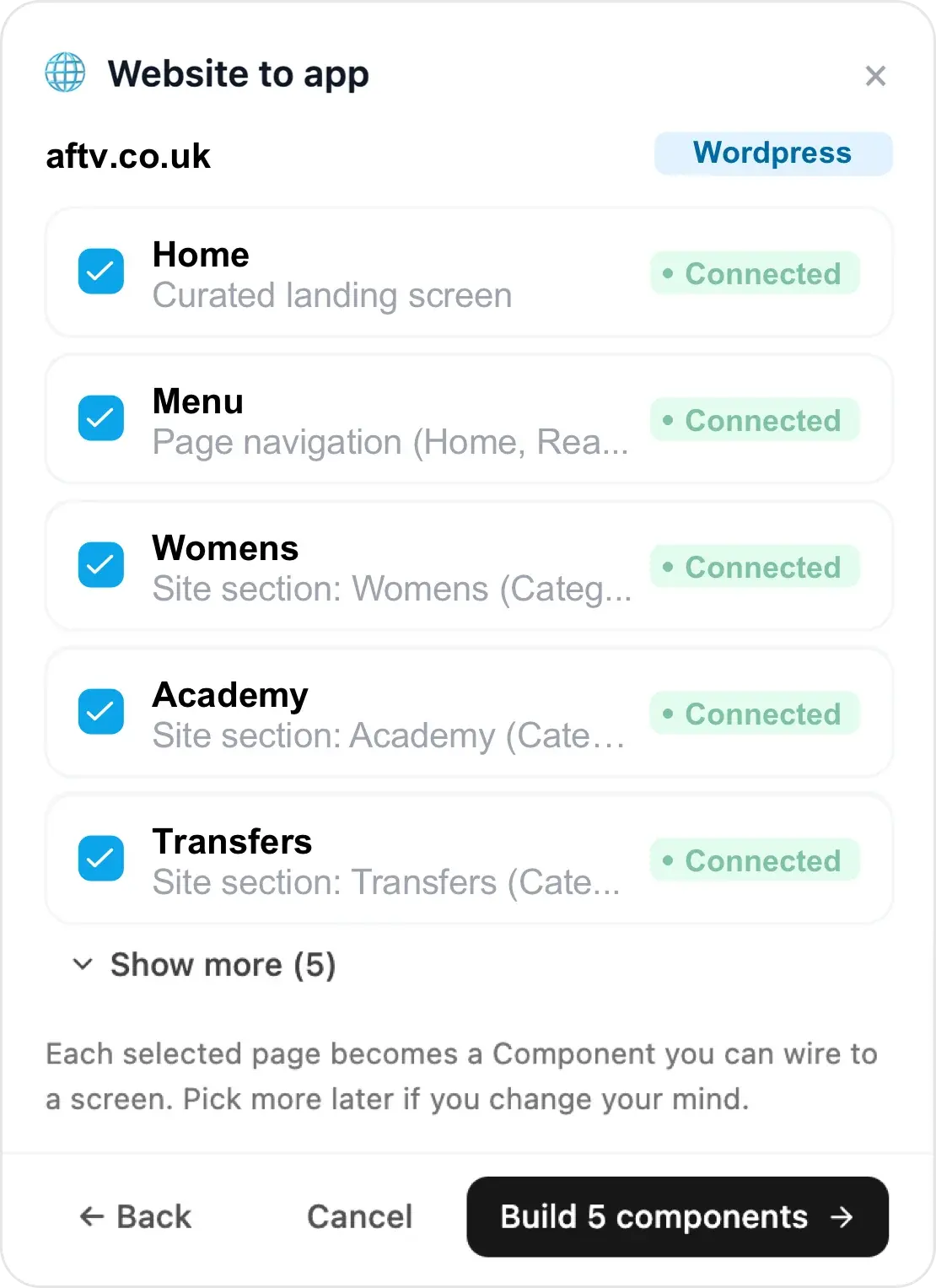 Choicely Website to app dialog examining aftv.co.uk — WordPress site sections found and connected