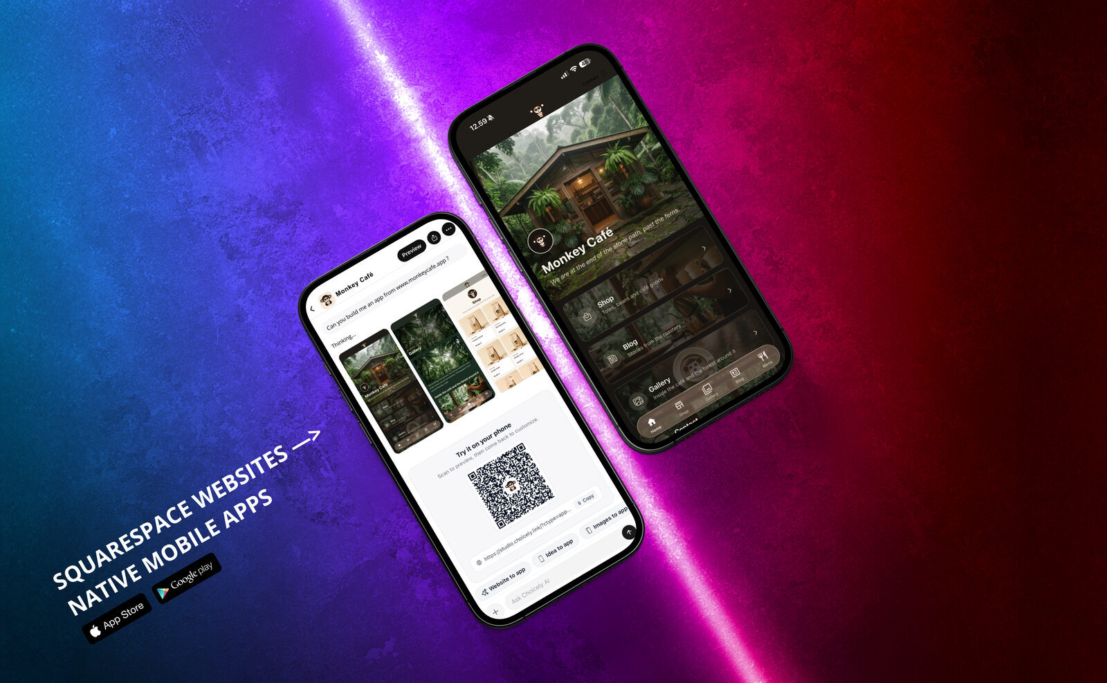 Monkey Café Squarespace website converted into native mobile apps with Choicely